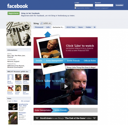 Sting auf Facebook - Im alten Design mit Tabs aber ohne Musikplayer