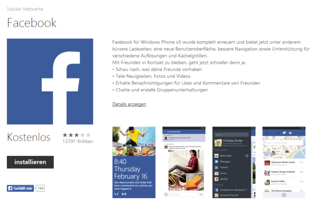 Facebook App im Windows Store
