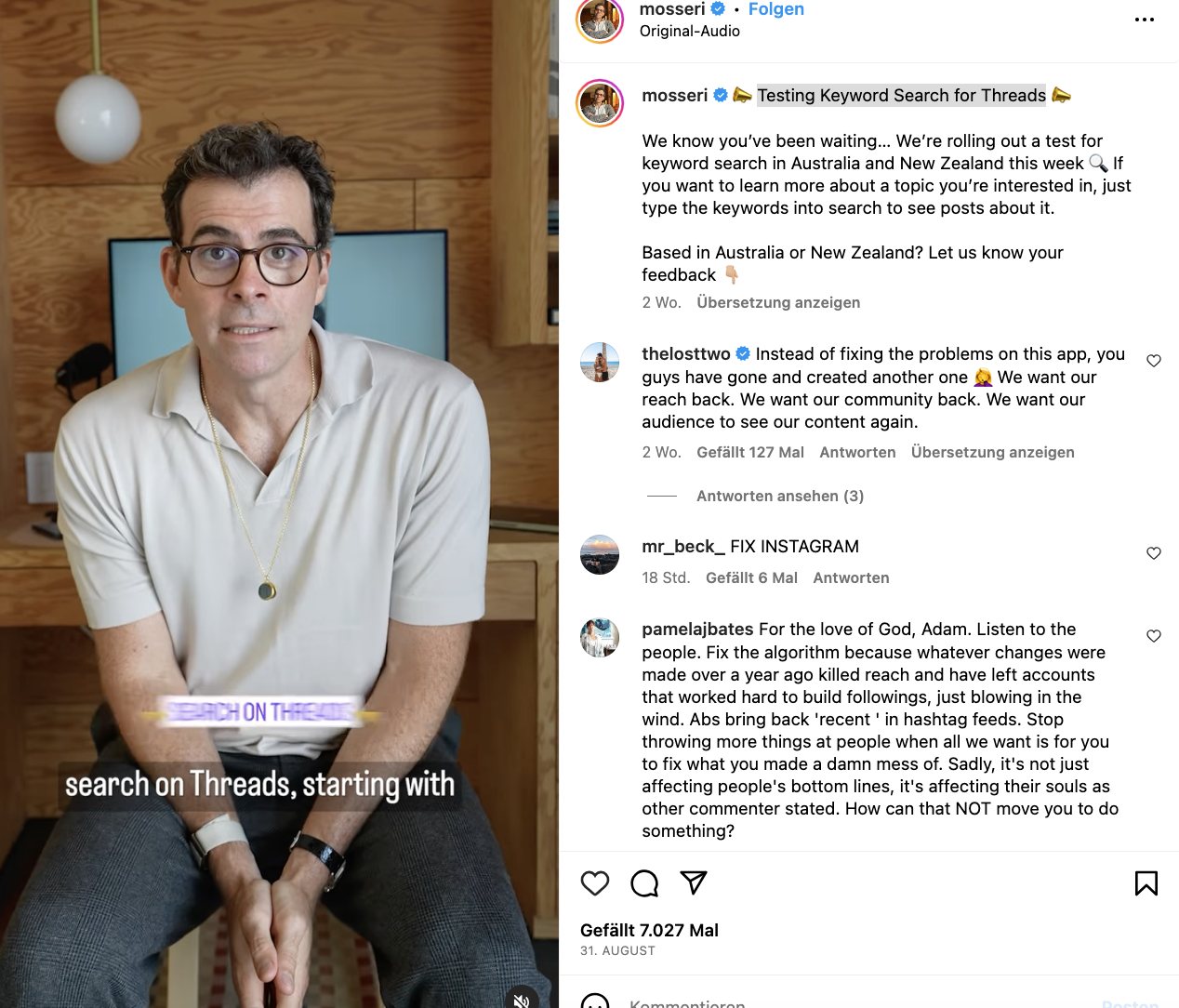 Bild zeigt den Instagram Account vom Social Media Experten Adam Mosseri, der die neue Suchfunktion von Threads vorstellt.