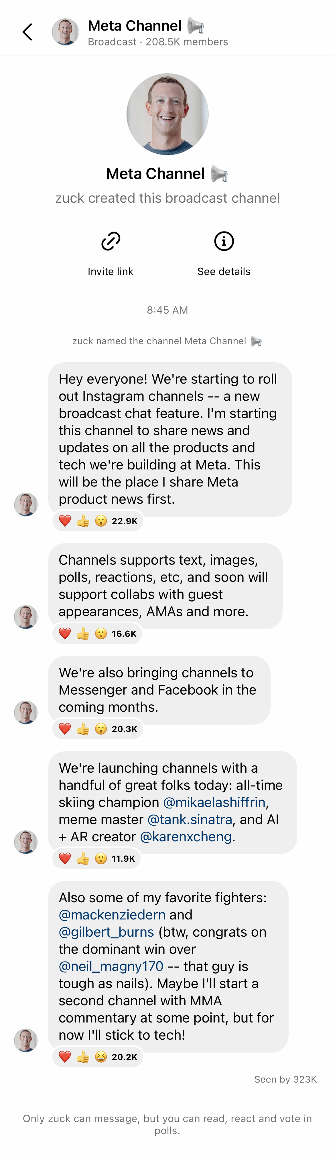 Bild den Instagram Account von Meta-CEO Mark Zuckerberg und dessen Ankündigung die Instagram Broadcast-Channels als neues Feature auf Instagram einzuführen. 