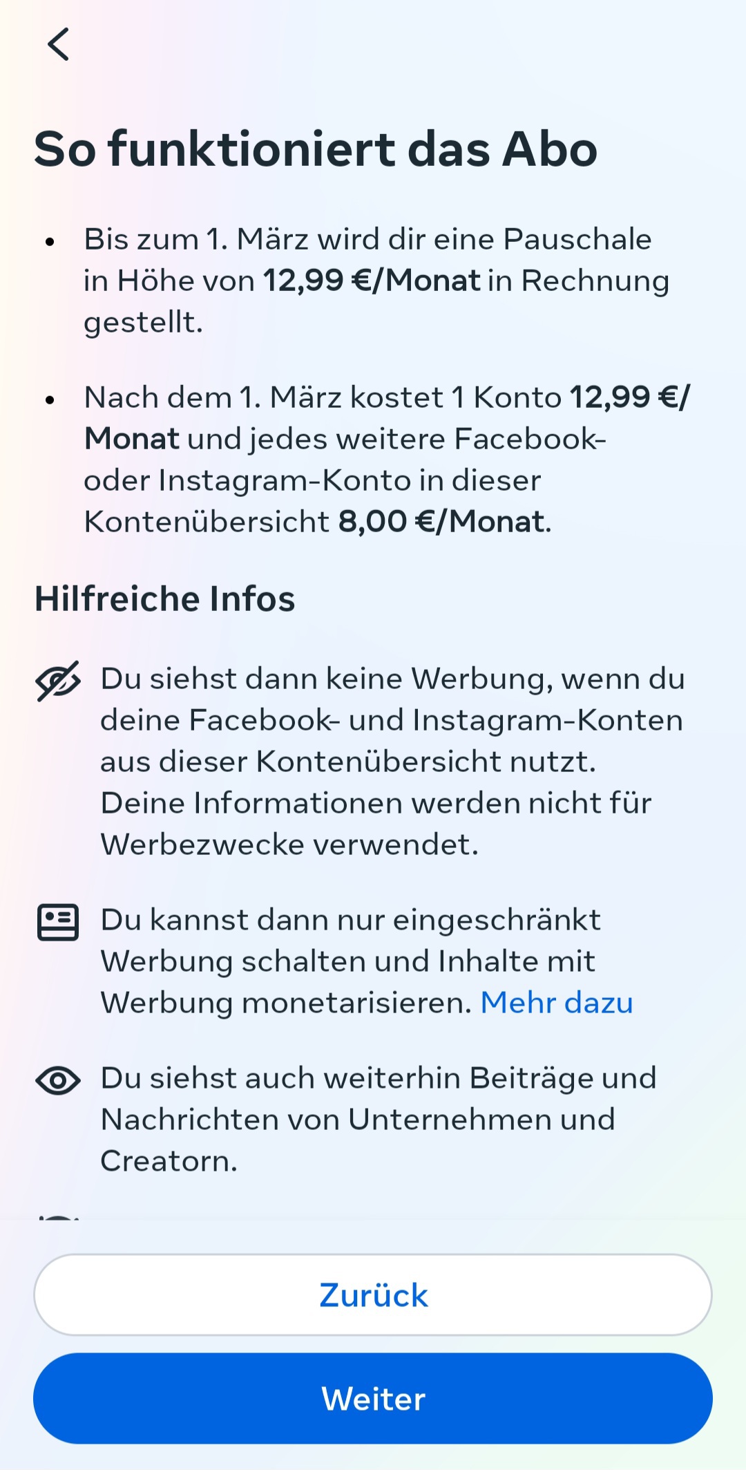 Bild zeigt das Preismodell für das Meta Abo bei einer Bezahlung über eine Smartphone App. In diesem Fall werden als Beispiel zwei Kanäle betreut. Die Kosten belaufen sich im auf dem Bild gezeigten Beispiel auf 20,99 Euro pro Monat.  