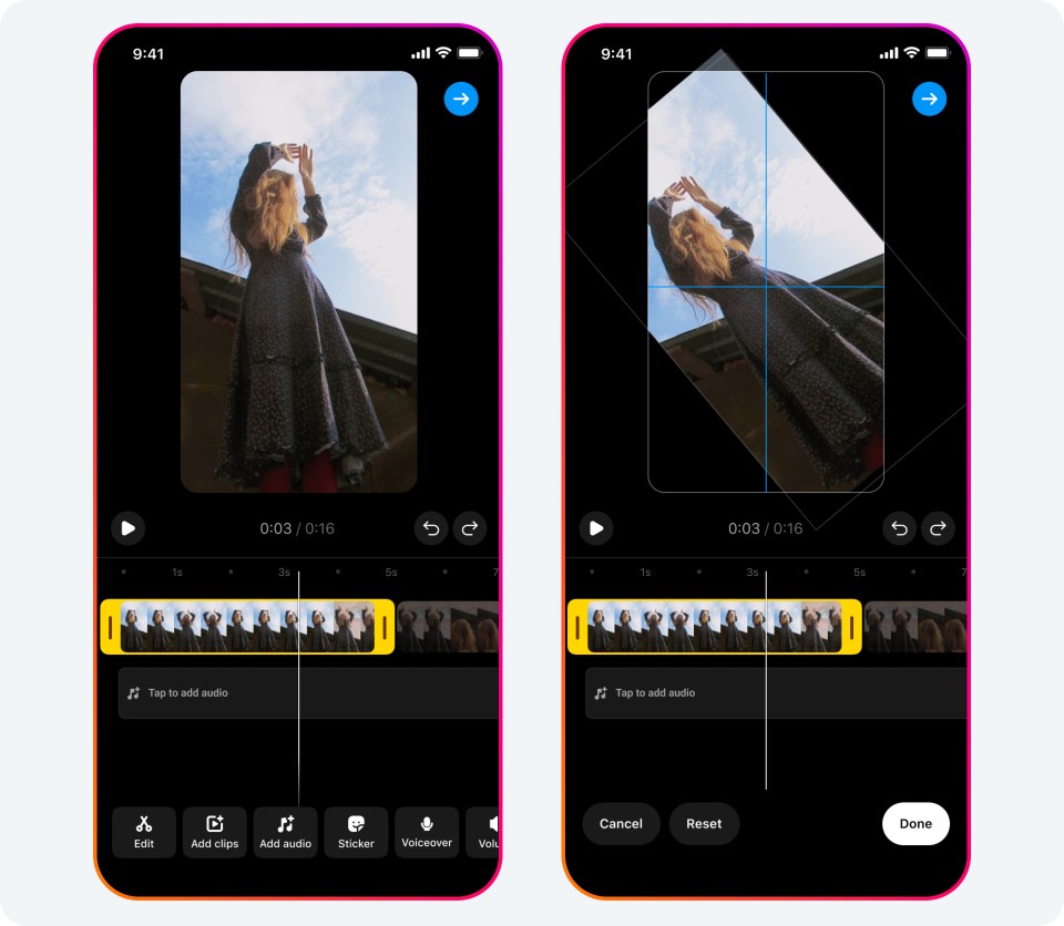 Bild zeigt den neuen Instagram Video Editor. Verfügbare Tools sollen darin leichter aufzufinden sein als bisher. 