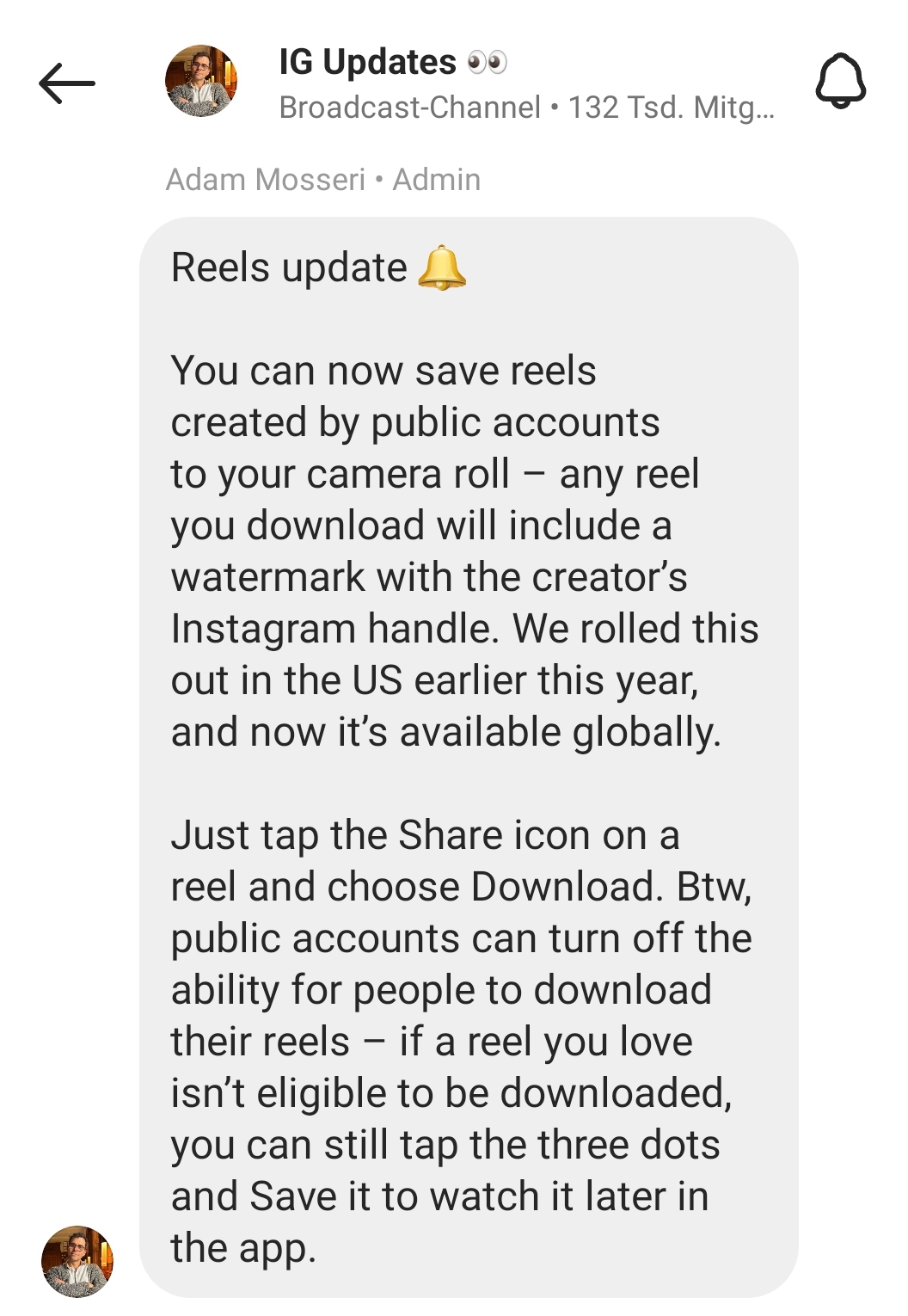 Bild zeigt die Ankündigung der Downloadfunktion für öffentliche Instagram Reels von Adam Mosseri aus seinem IG Updates Broadcast-Channel.