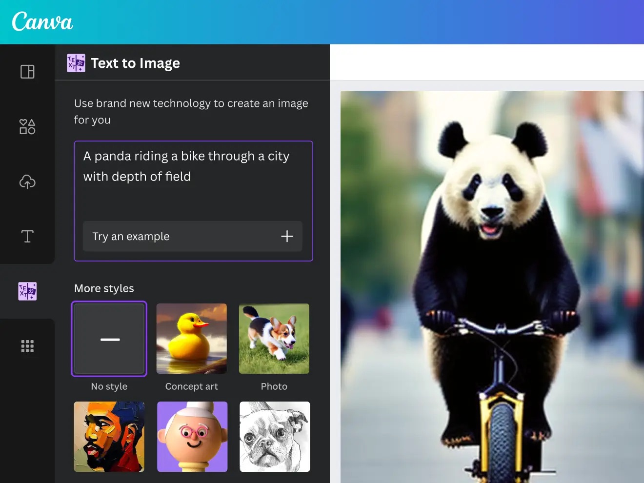 Das Bild zeigt einen Ausschnitt aus der Benutzerfläche von Canva Magic AI. Aus einer Texteingabe erstellt die KI ein entsprechendes Bild. Screenshot zeigt den Befehl “Ein Panda auf einem Fahrrad in der Stadt” an die KI und das von der künstlichen Intelligenz erstellte Resultat mit einem Panda auf einem Rad. 