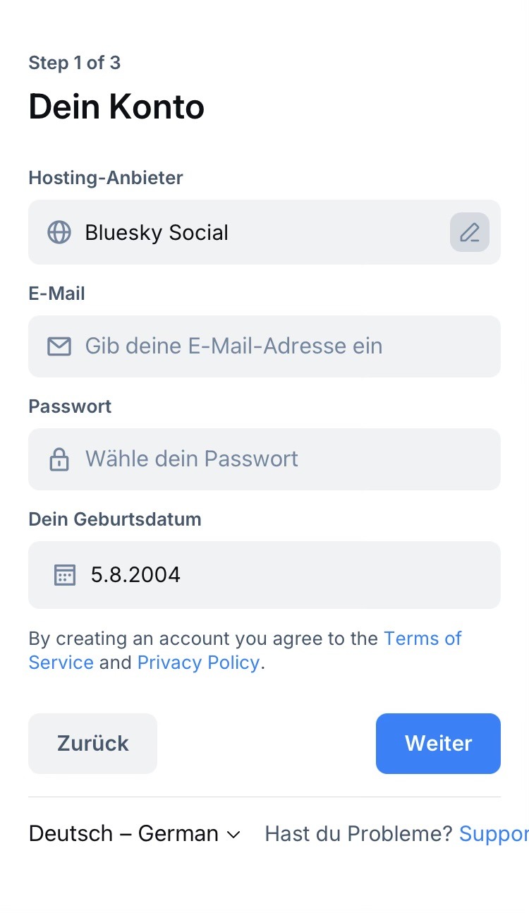 Die Konto Erstellung in der Bluesky App für iOS.