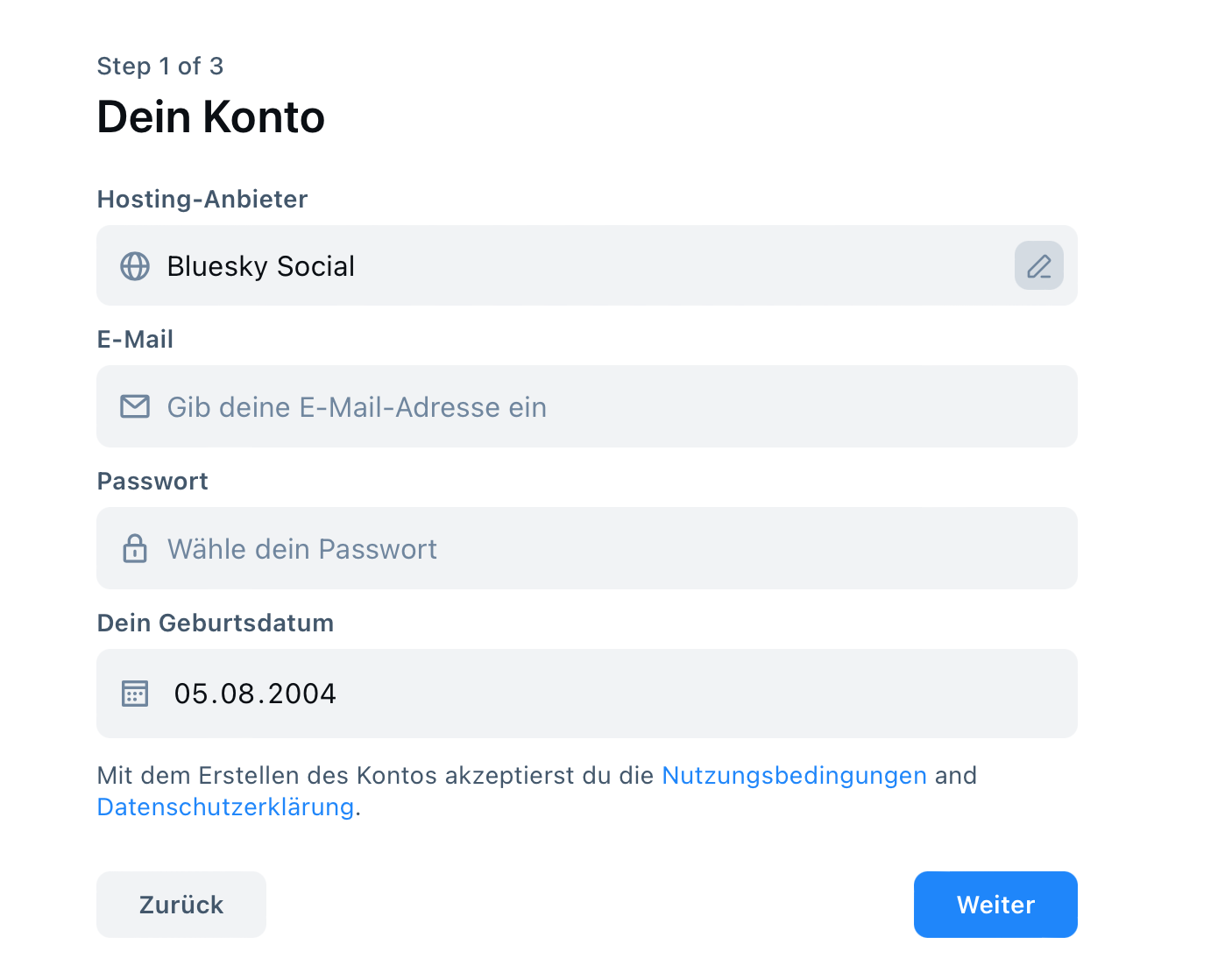 Bild zeigt die Registrierungsseite von Bluesky und die Aufforderung, sich für einen Hosting-Anbieter zu entscheiden. Dies ist die jeweilige dezentrale Instanz, auf der später der eigene Account verortet ist. 