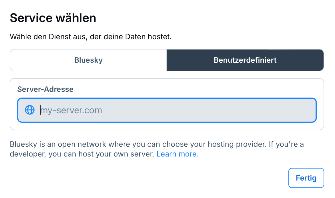 Die Auswahl eines Servers bei der Registrierung in Bluesky.