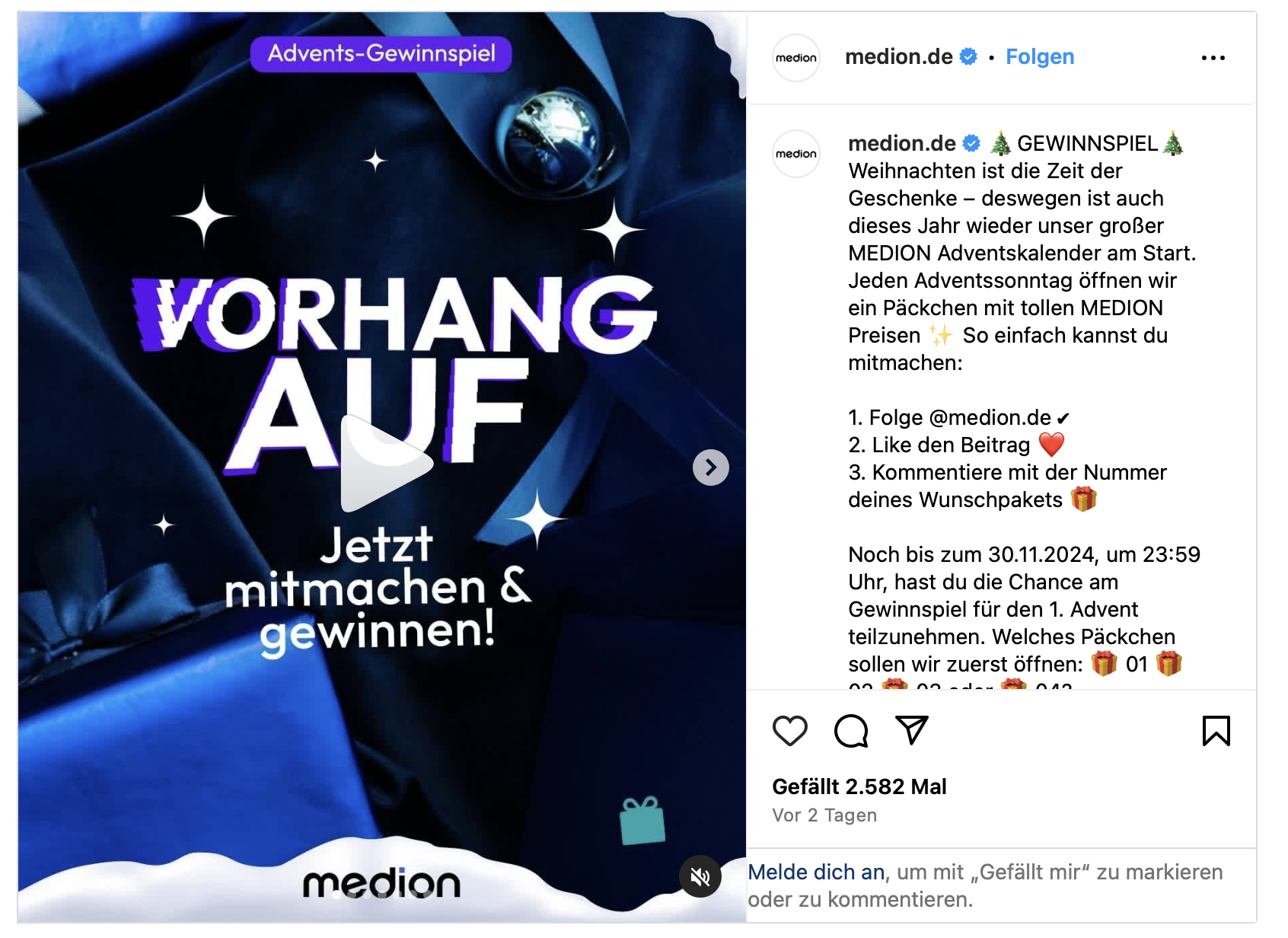 Gewinnspiel als Inhalte für den Adventskalender von Medion Deutschland auf Instagram.